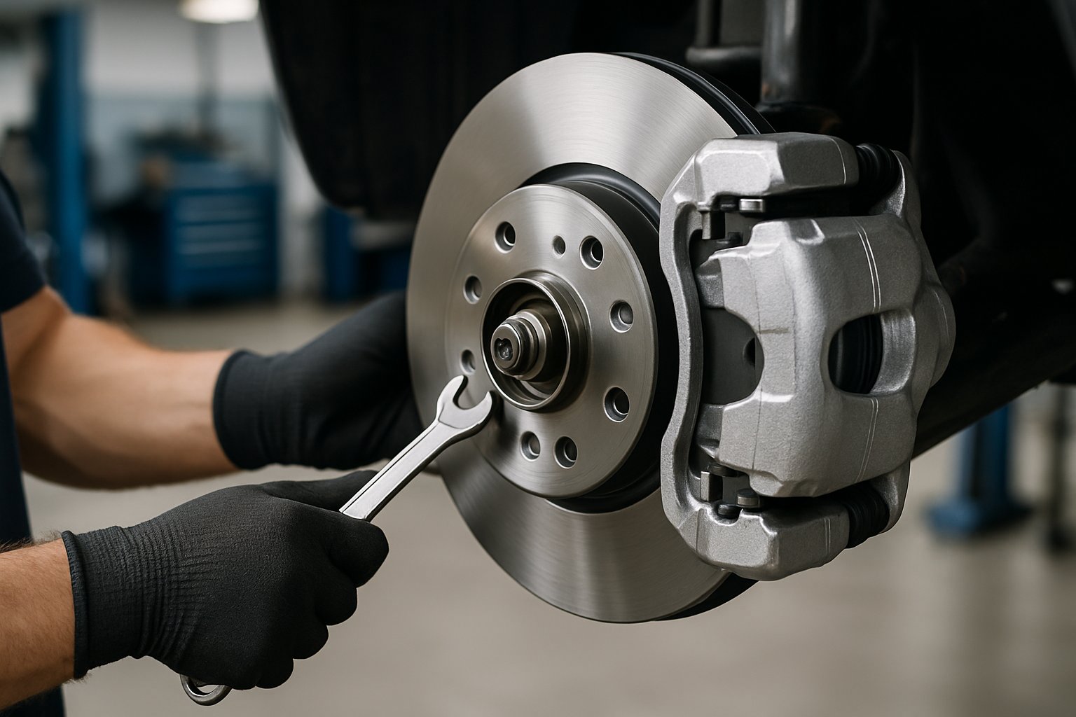 Mechanic's hands working on a car brake system with new brake components and tools in an automotive workshop.