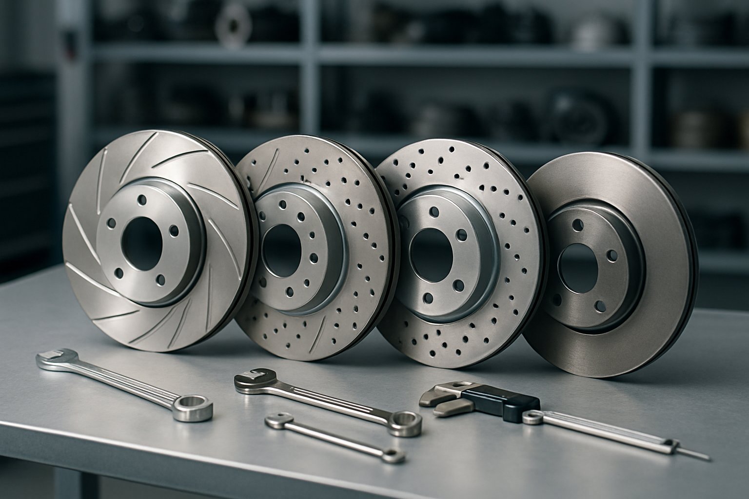 A selection of different brake rotors displayed on a workshop table with automotive tools and a blurred garage background.