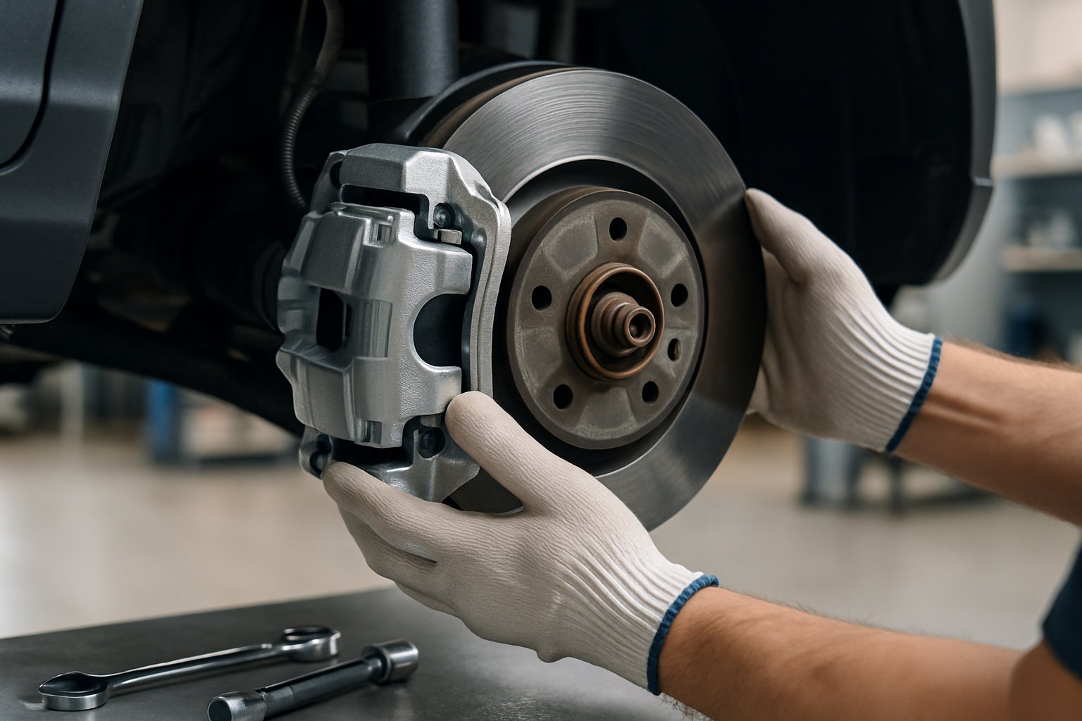 A mechanic's hands installing a new brake caliper on a car wheel in an automotive workshop.