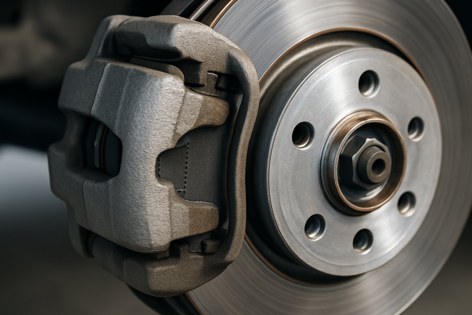 Close-up view of a car brake system showing brake pads and rotor.