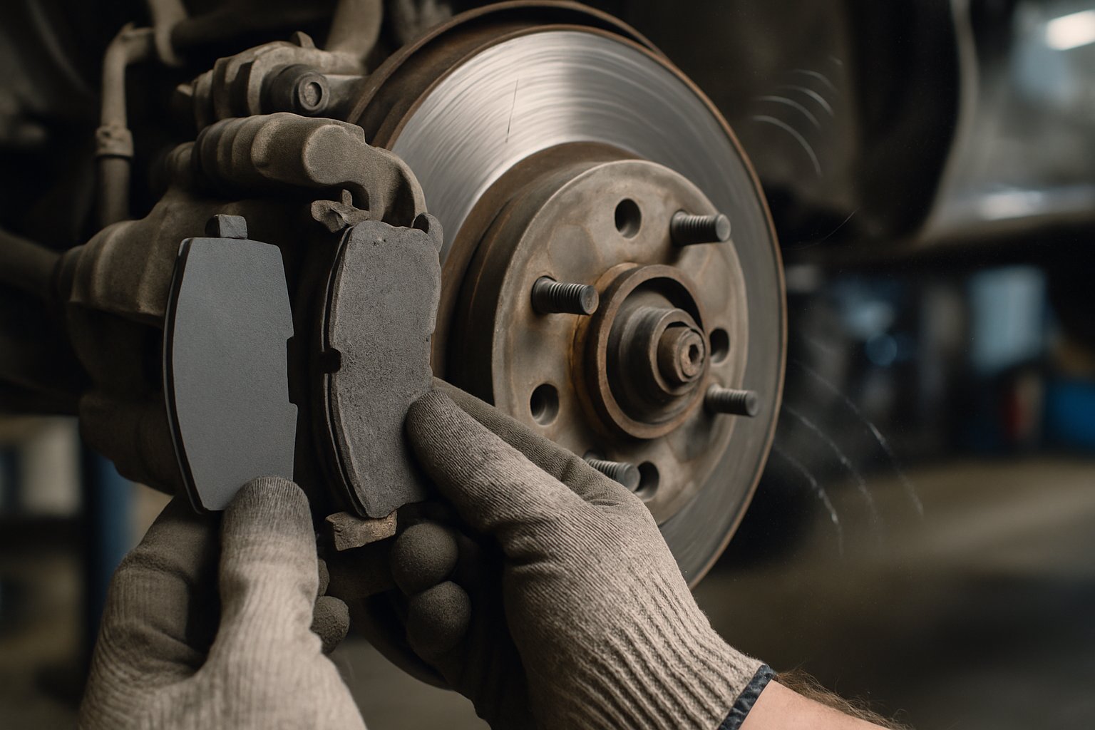 Close-up of a mechanic's gloved hand holding a brake pad near a car's brake rotor in an automotive workshop.