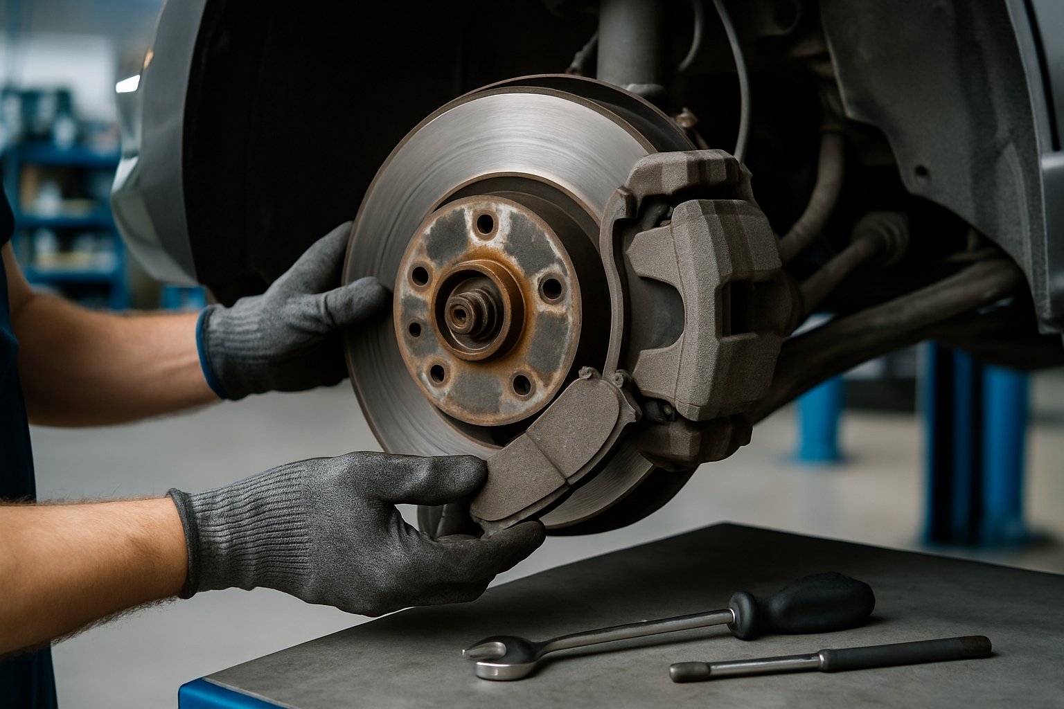 A mechanic wearing gloves inspecting a car's brake rotor and brake pads in an auto repair shop.