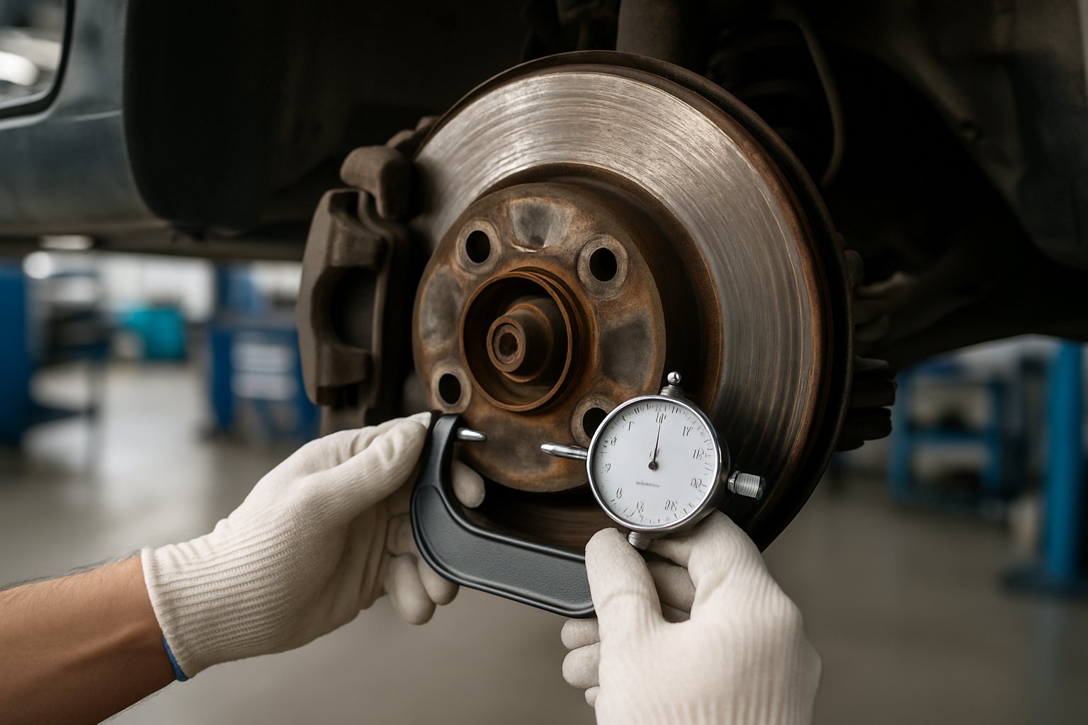 Close-up of a mechanic inspecting a car brake rotor showing signs of wear in an automotive workshop.