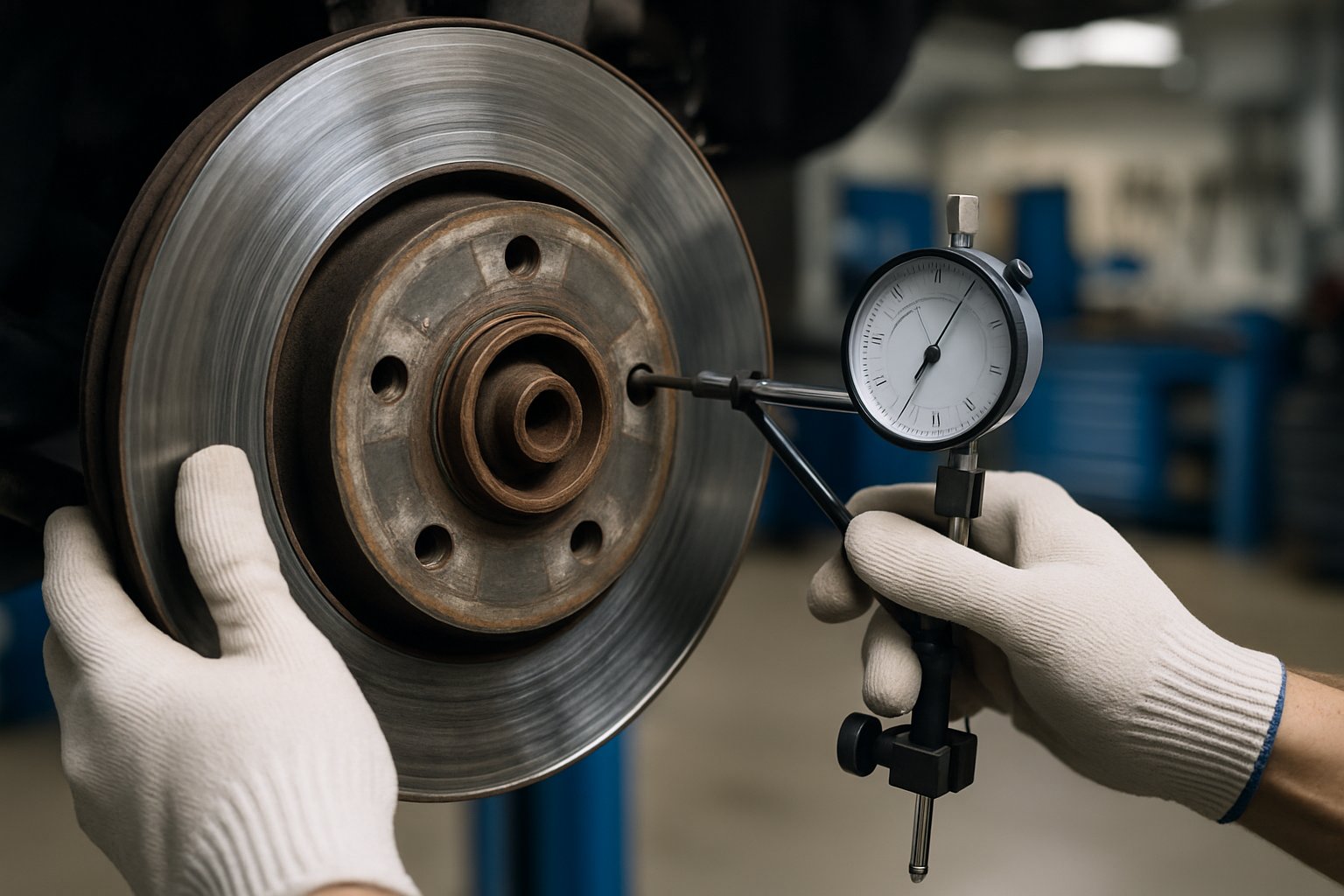 Mechanic inspecting a car brake rotor for warping signs in an automotive workshop.