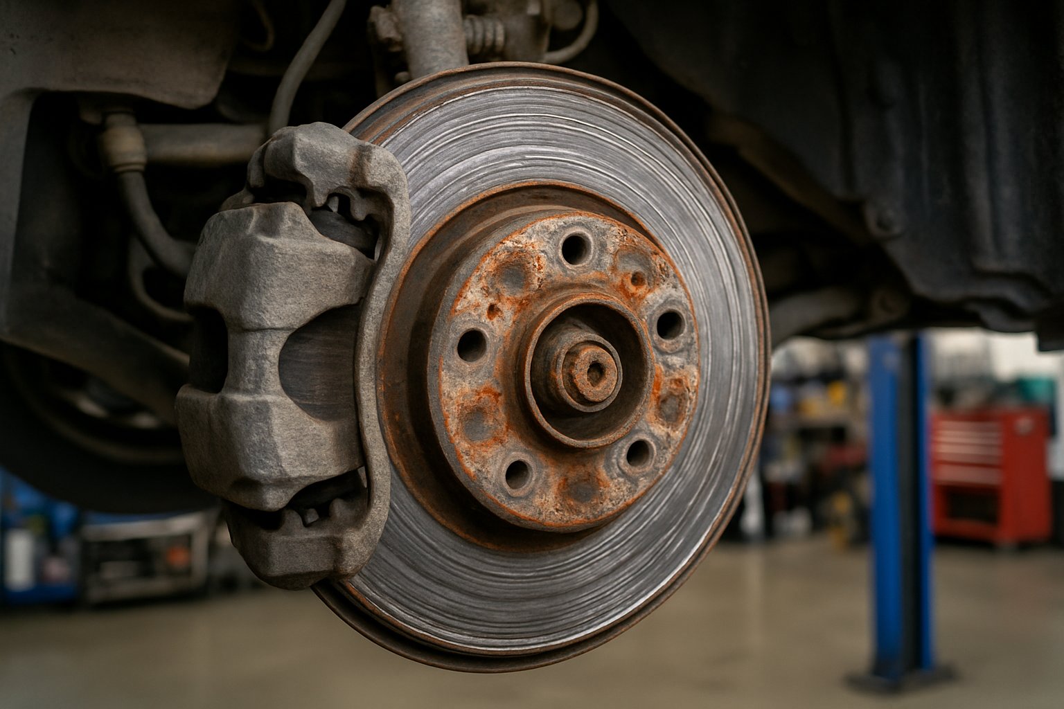 Close-up of a damaged car brake rotor with grooves and rust, mounted on a wheel in a mechanic's workshop.