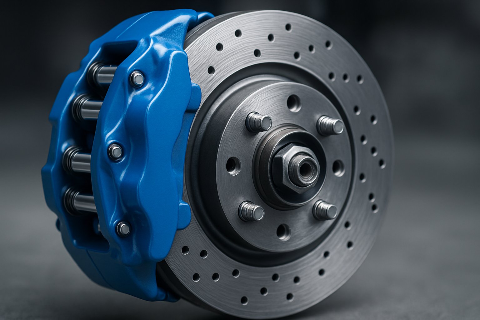 Close-up view of a car's multi-piston brake caliper gripping a brake rotor.