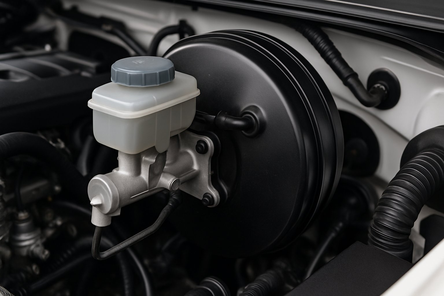 Close-up view of a car's brake system highlighting the vacuum booster and brake master cylinder inside an engine bay.