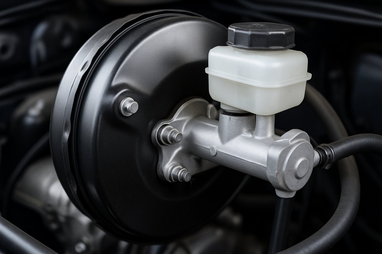 Close-up view of a car's vacuum brake booster and master cylinder assembly in the engine bay.