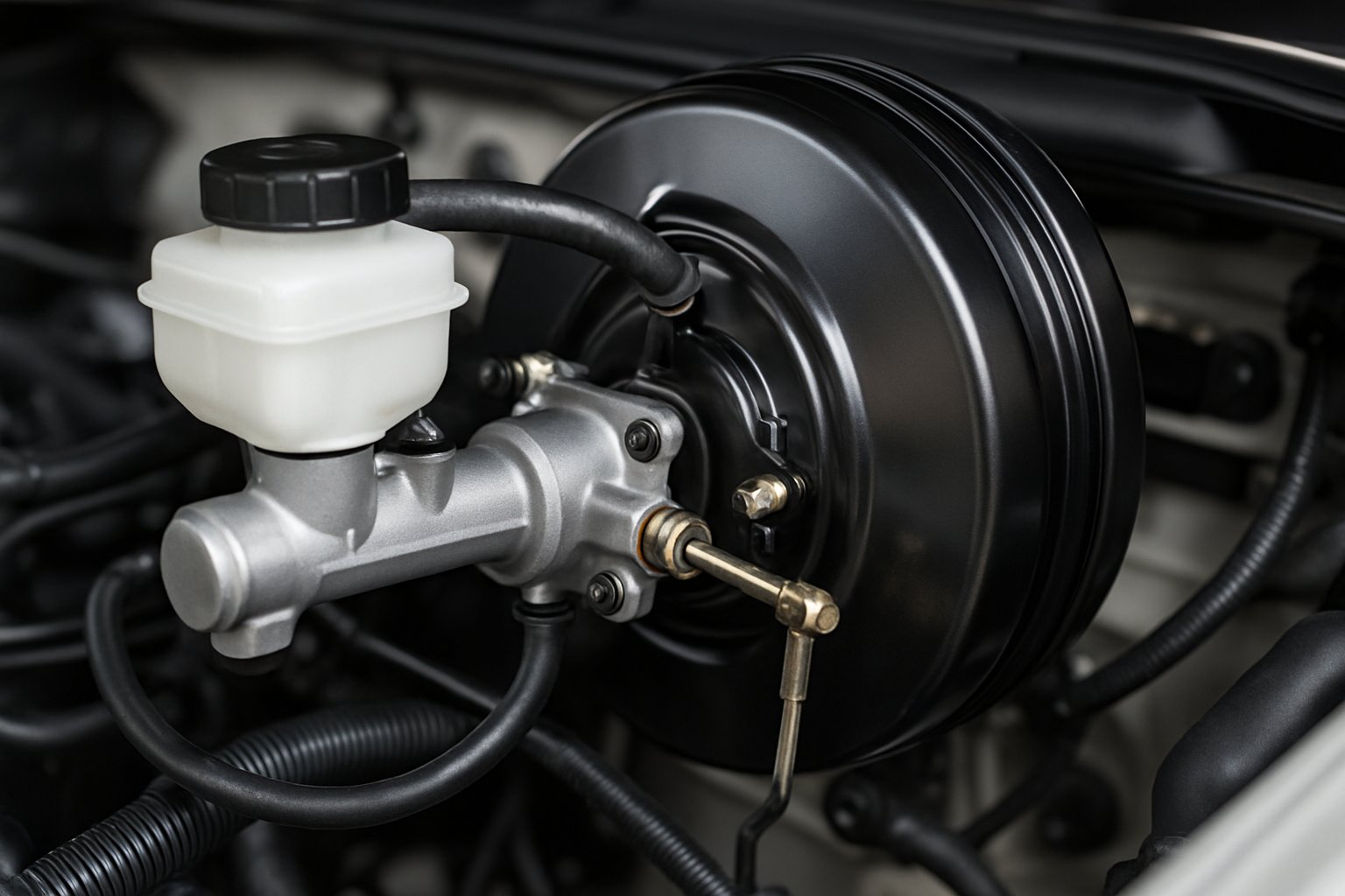 Close-up view of a car's vacuum booster and brake master cylinder inside an engine bay.