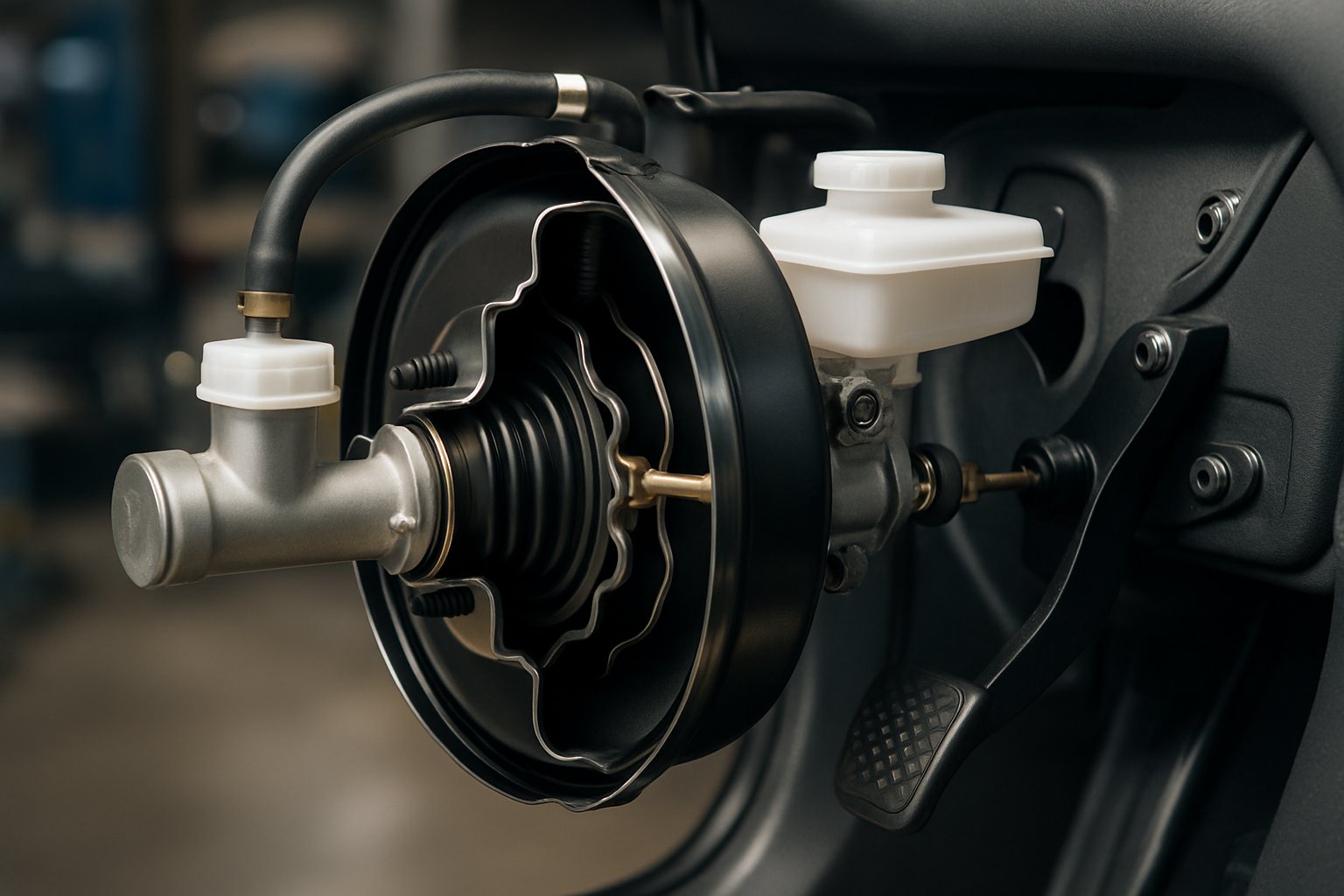 Close-up view of a car's brake booster and master cylinder assembly showing internal components connected to the brake pedal.